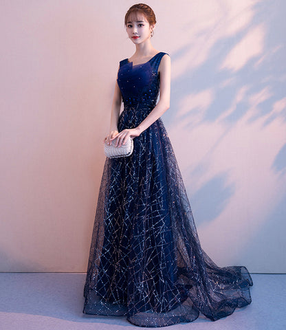 Blue v neck tulle sequins long prom dress blue evening gown  10026