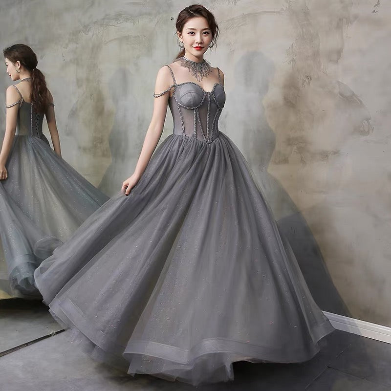 Gray tulle beads long prom gown A line evening gown  10111
