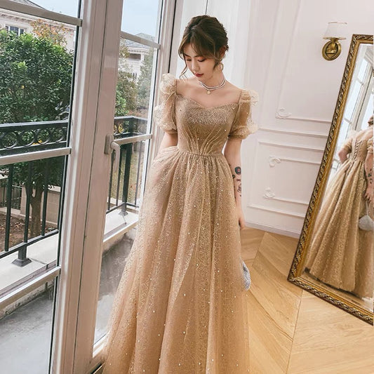 Gold tulle long prom dress A line evening dress  10085