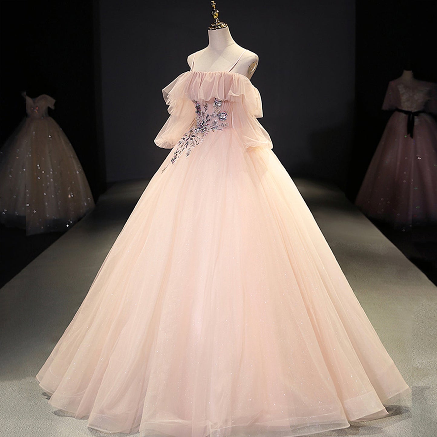 Pink tulle sequins long ball gown dress evening gown  10093