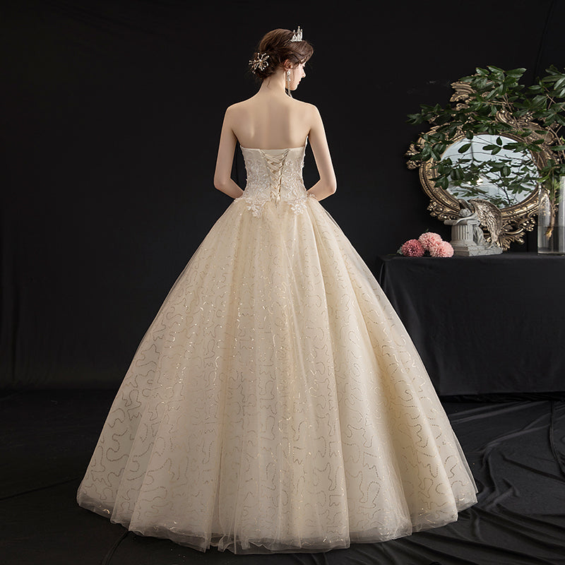 Champagne tulle sequins long ball gown dress  10087