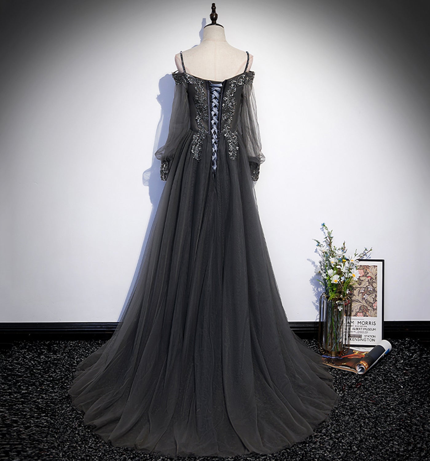 Gray tulle lace long prom dress A line evening dress  10109