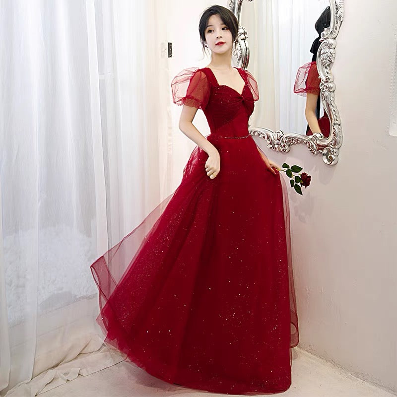 Burgundy tulle long A line prom dress evening gown  10070
