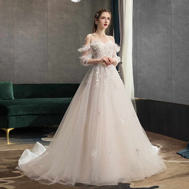 White tulle lace long prom gown A line evening gown  10117