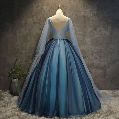 Blue tulle lace long ball gown dress blue evening gown  10091