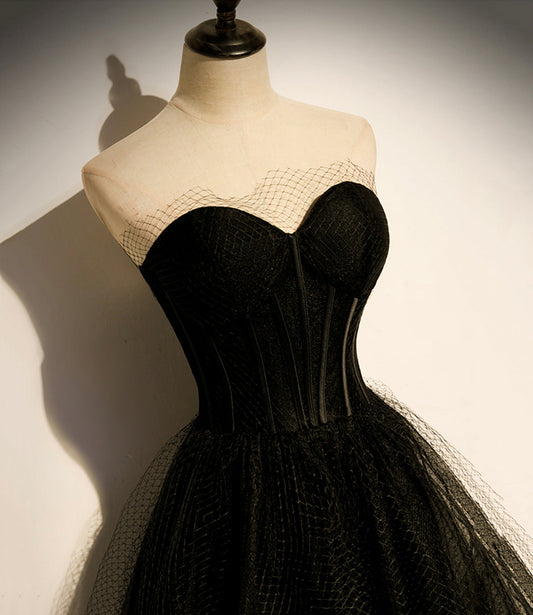 Black tulle long A line prom dress black evening dress  8830