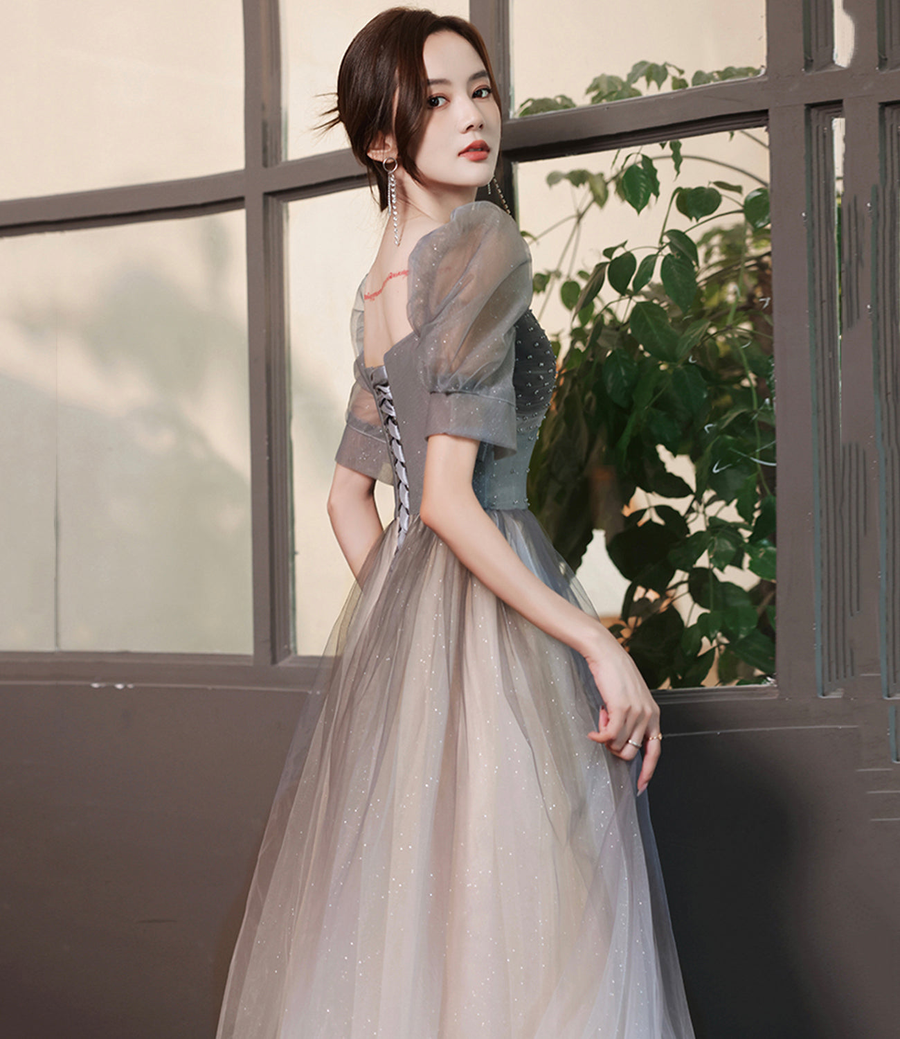 Cute tulle beads long A line prom dress evening gown  10060