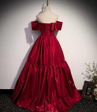 Red satin off shoulder elegant simple long ball gown A-line evening dress 10019