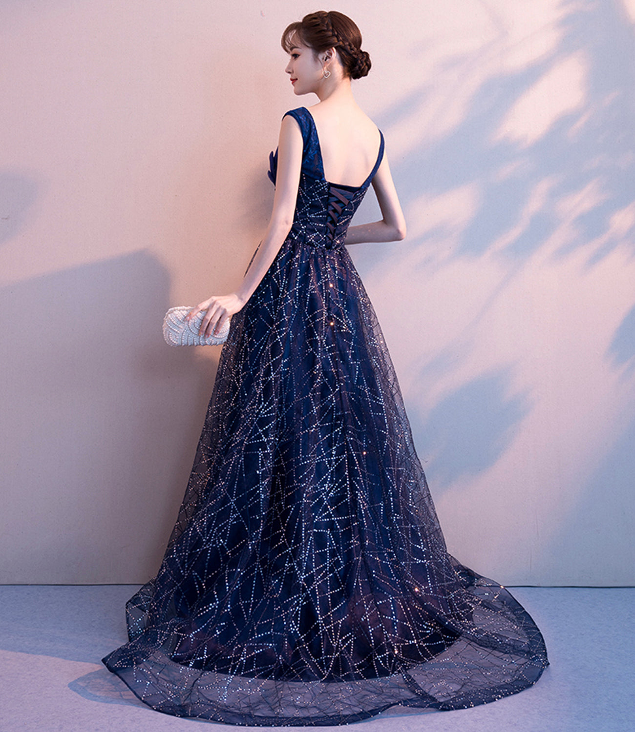 Blue v neck tulle sequins long prom dress blue evening gown  10026