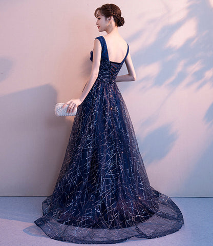 Blue v neck tulle sequins long prom dress blue evening gown  10026