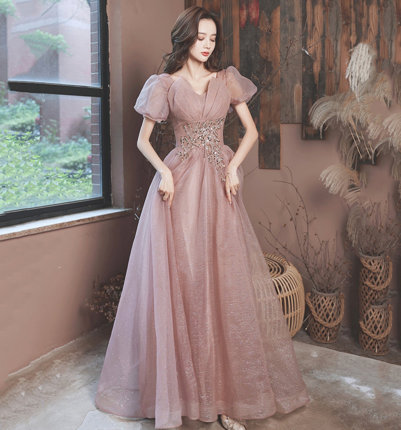 Pink tulle sequins long prom dress A line evening gown  10015