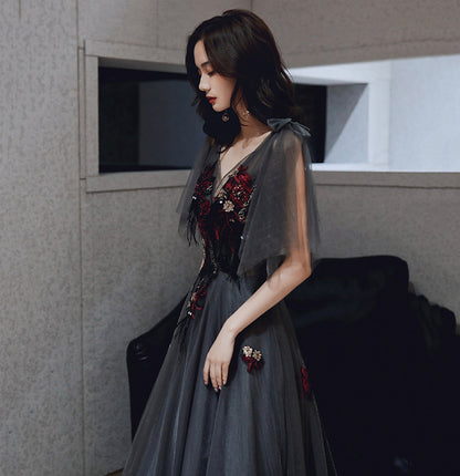 Black v neck tulle sequins long prom dress evening gown  10036