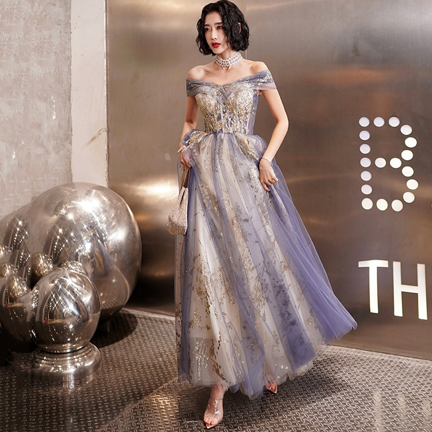 Cute tulle sequins long prom dress evening dress  8998
