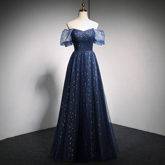 Blue tulle long A line prom dress blue evening dress  10018