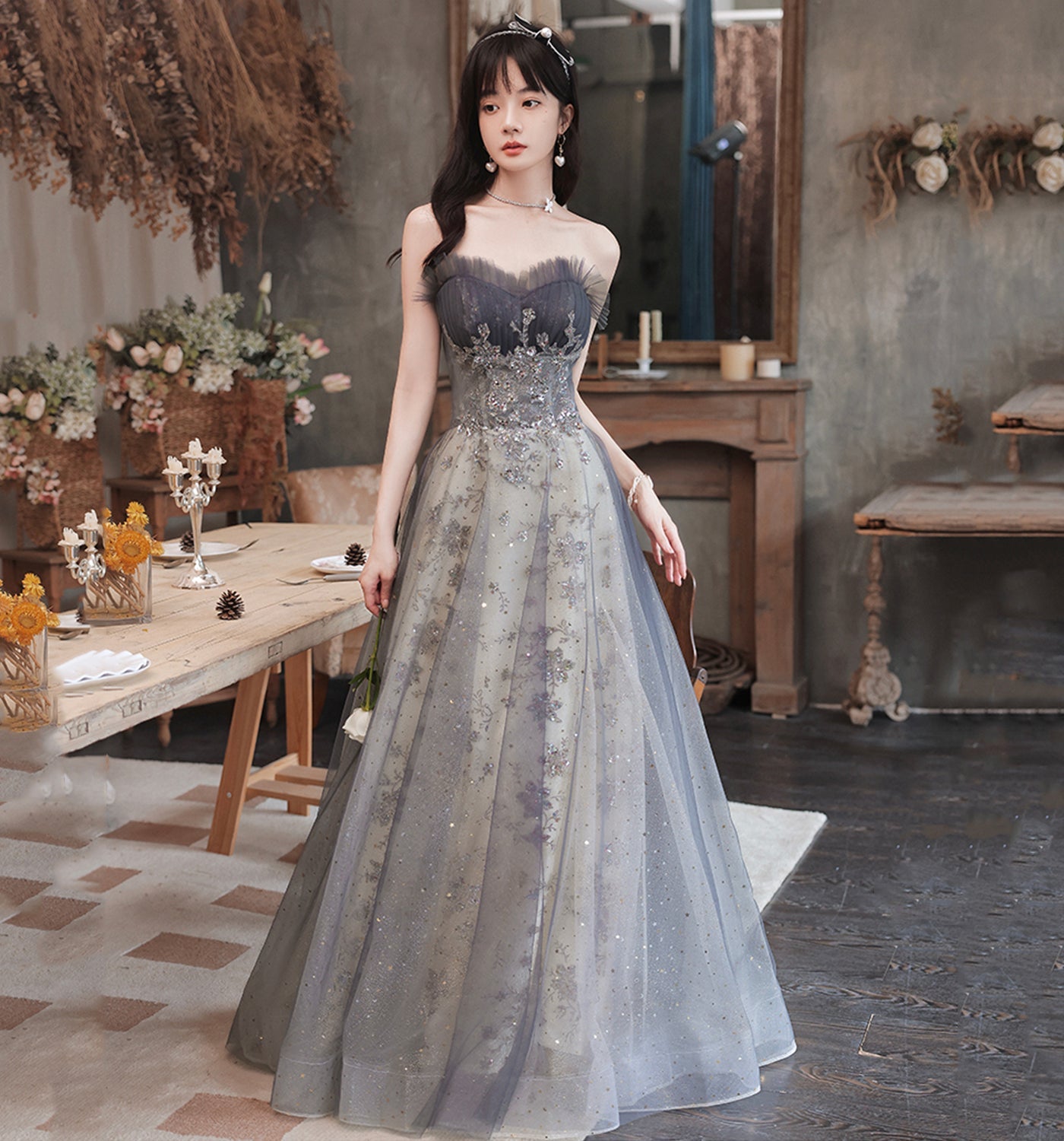 Cute tulle sequins long prom gown A line evening gown  10008