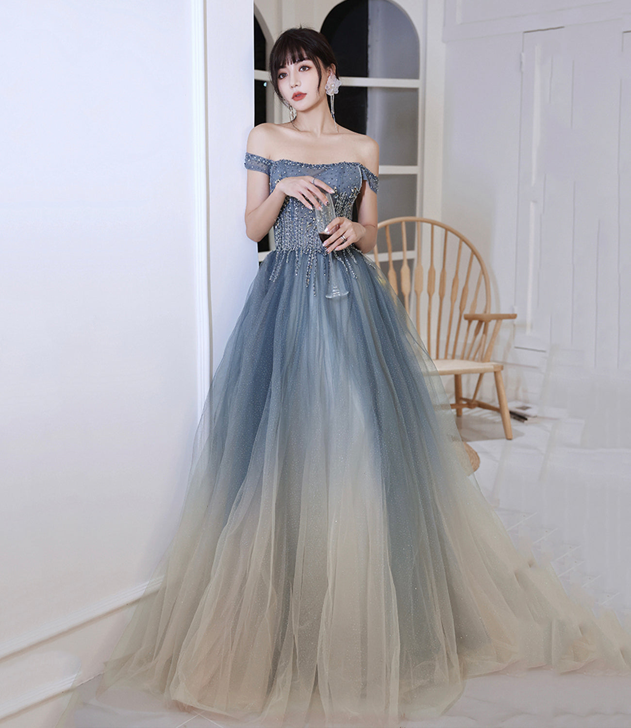 Gray tulle beads long prom dress evening dress  8991