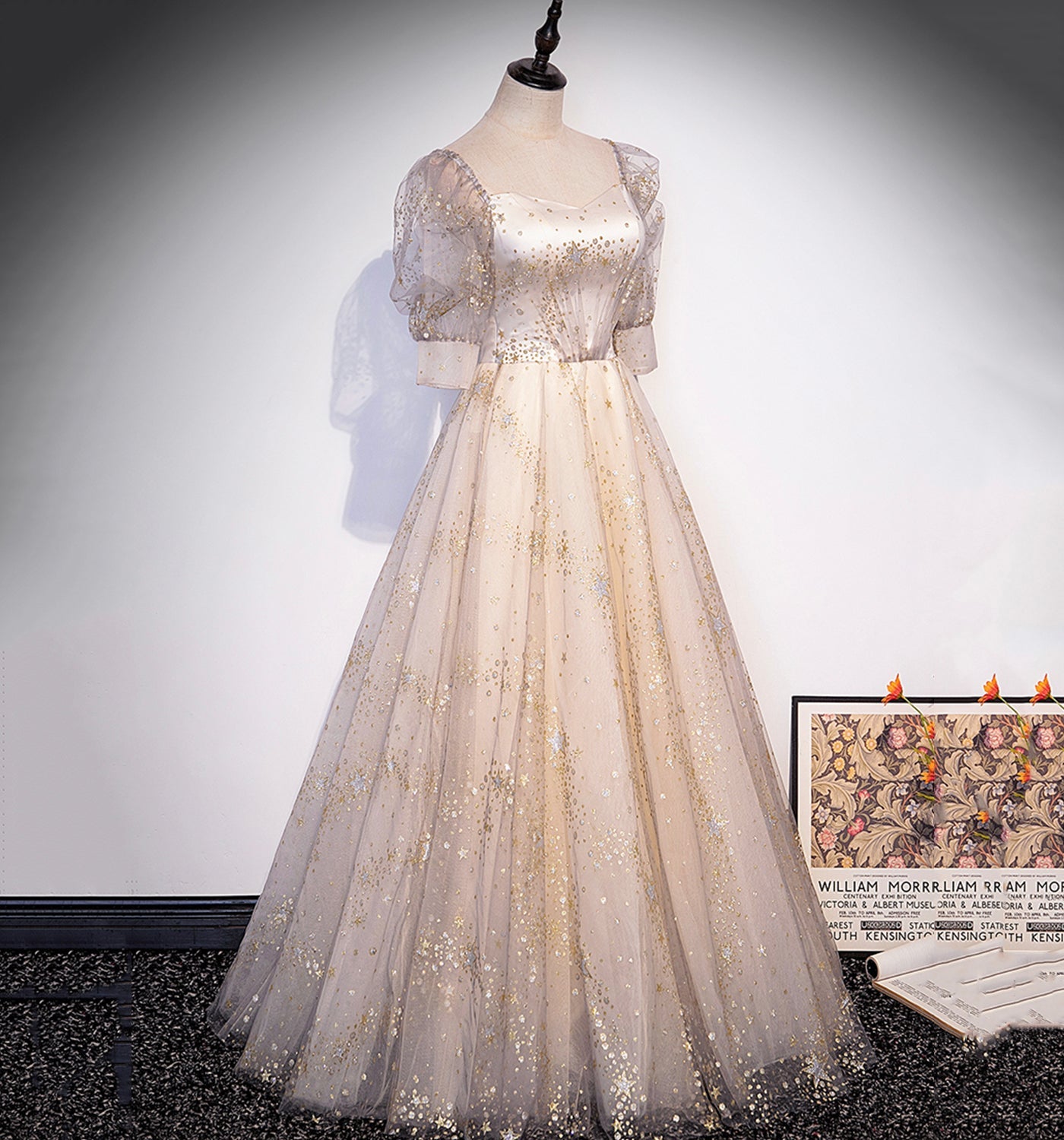 Champagne tulle sequins long prom dress evening gown  10004