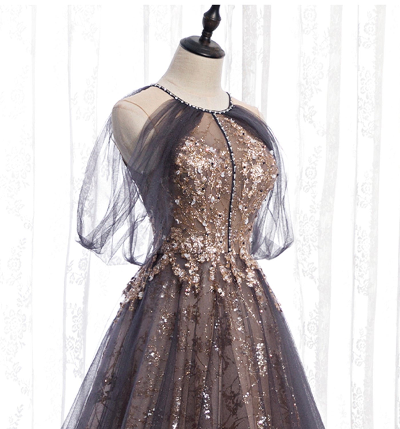 Stylish tulle sequins long prom dress evening gown  10007