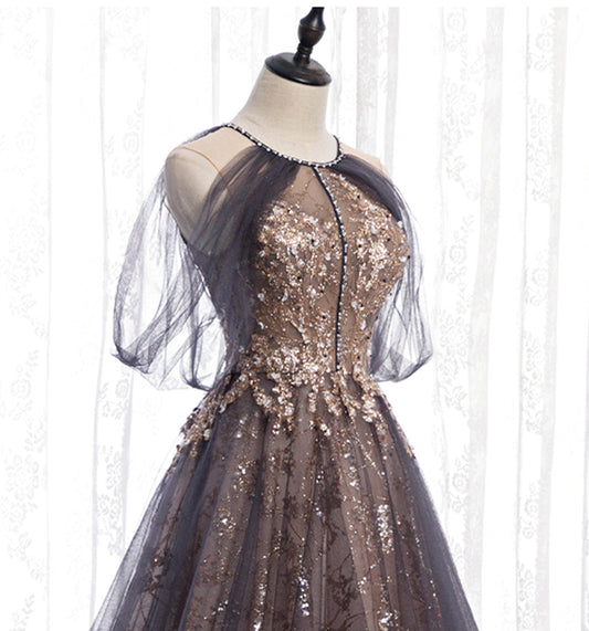 Stylish tulle sequins long prom dress evening gown  10007