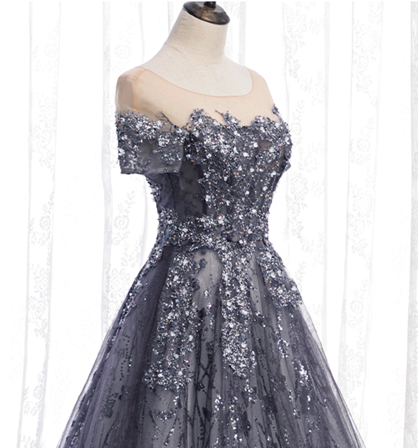 Gray tulle sequins long prom dress A line evening gown  10002