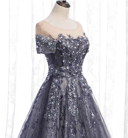 Gray tulle sequins long prom dress A line evening gown  10002