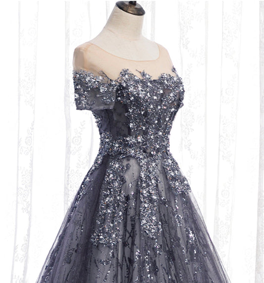 Gray tulle sequins long prom dress A line evening gown  10002