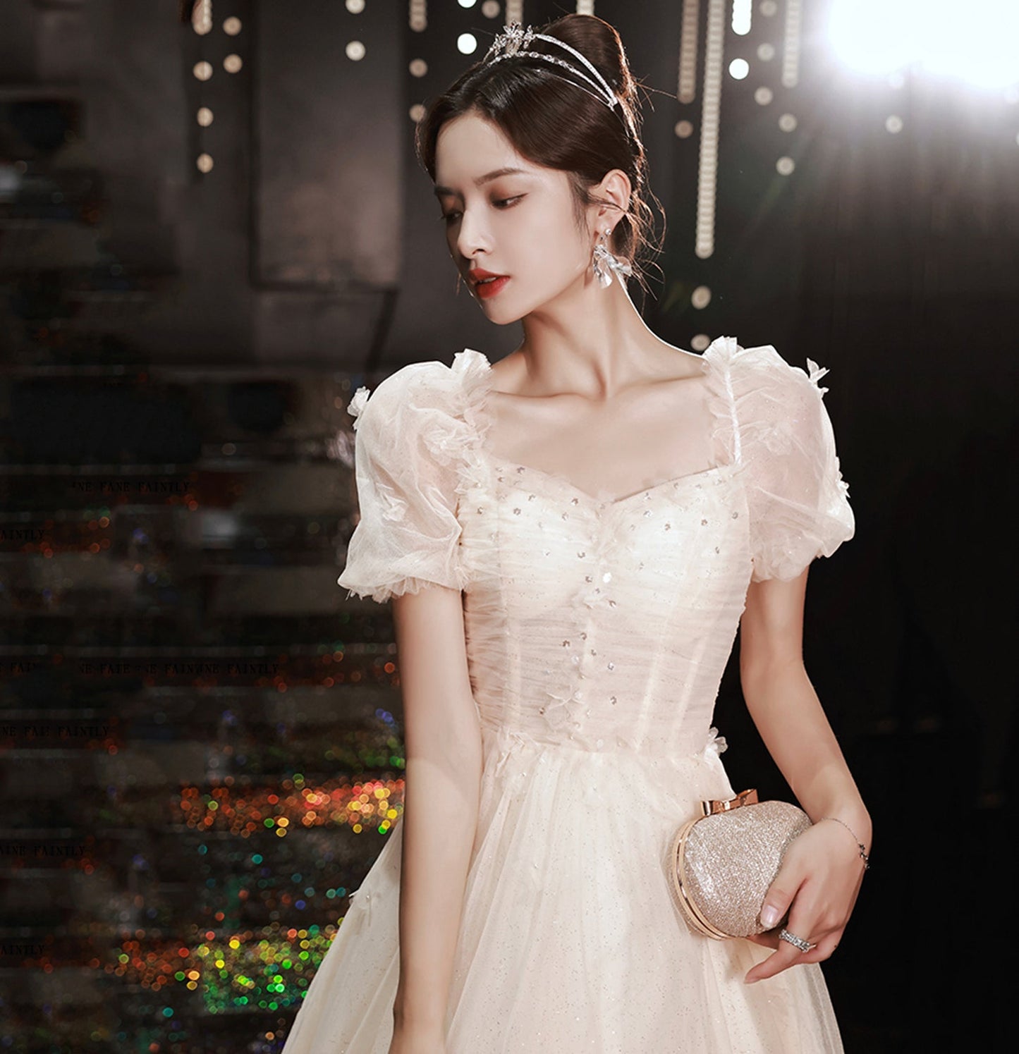 White tulle sequins long prom dress A line evening gown  10035