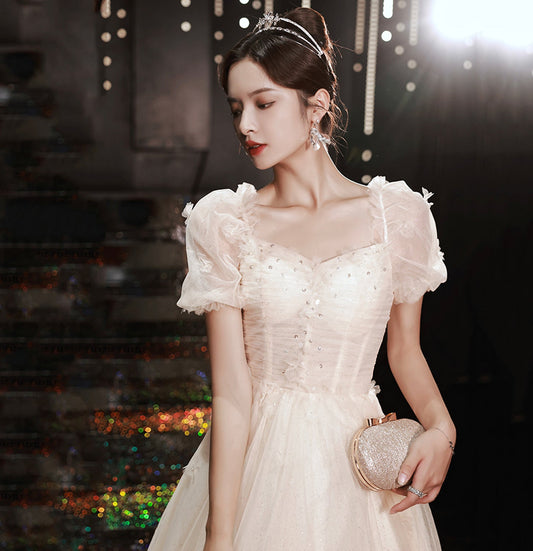 White tulle sequins long prom dress A line evening gown  10035