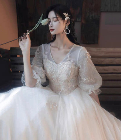 Champagne tulle lace long prom dress evening dress  10017