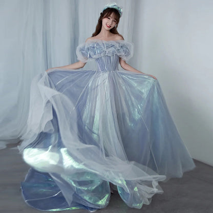 Romantic tulle long A line prom dress blue evening gown  10023