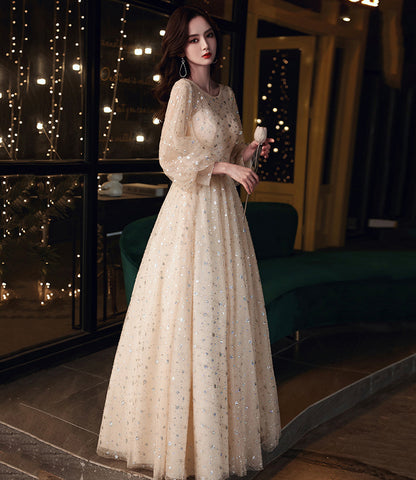 Stylish tulle sequins prom dress long sleeve evening dress  10028