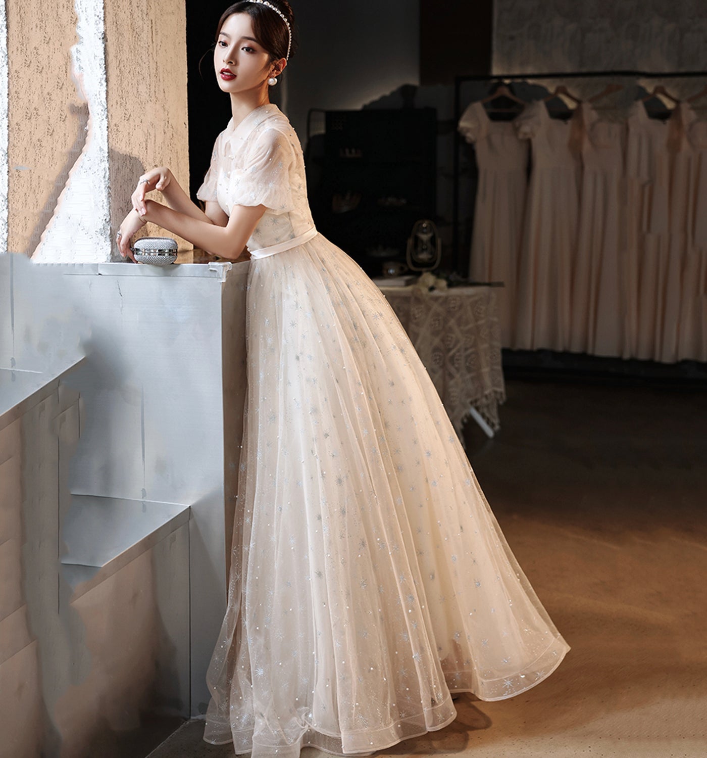 Cute tulle sequins long prom dress evening gown  10022