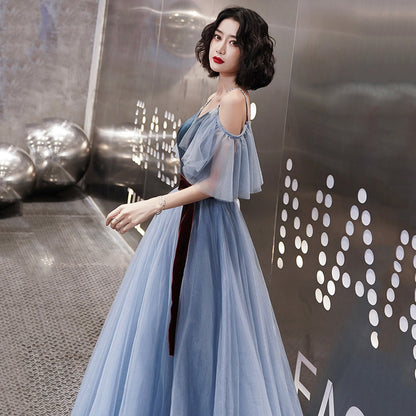 Blue tulle long A line prom dress evening dress  8995