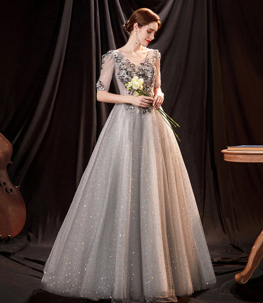 Gray tulle sequins long prom dress A line evening dress  8996