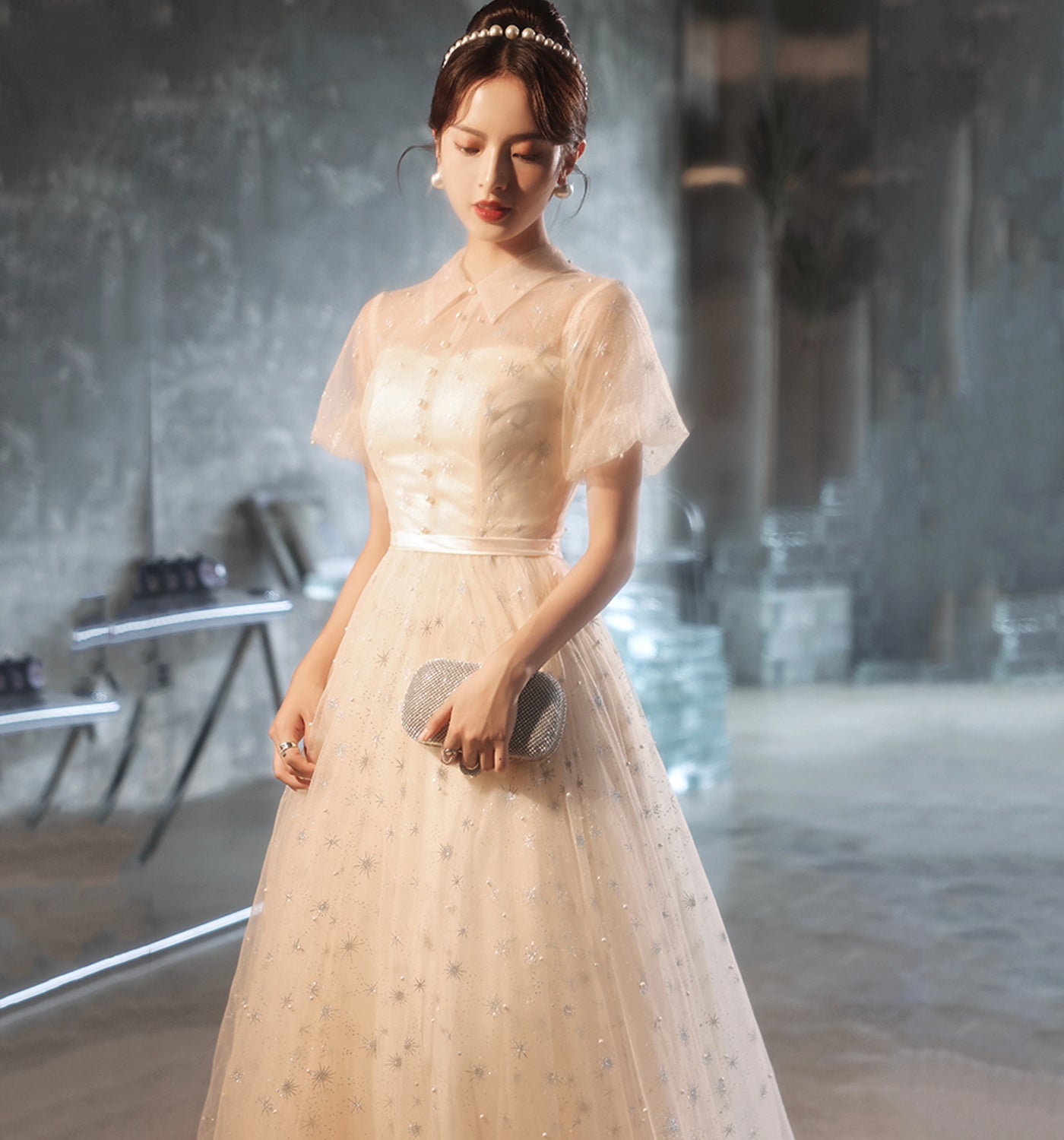 Cute tulle sequins long prom dress evening gown  10022