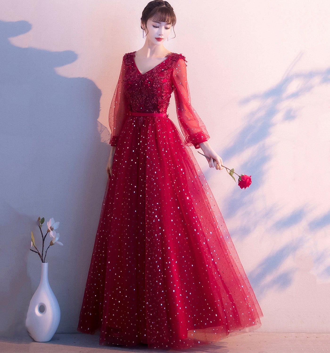 Cute tulle lace long prom dress A line evening gown  10014