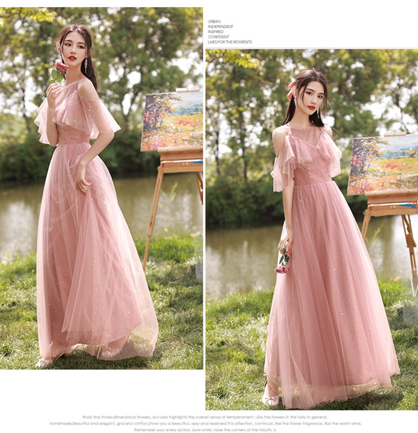 Pink tulle long A line prom dress pink evening dress  10040