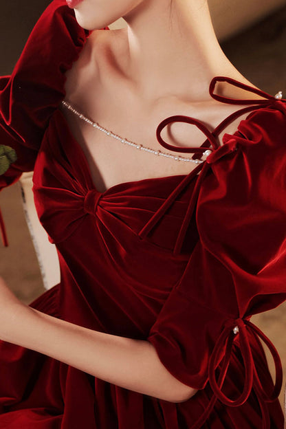 Burgundy velvet long prom dress A line evening gown  10025