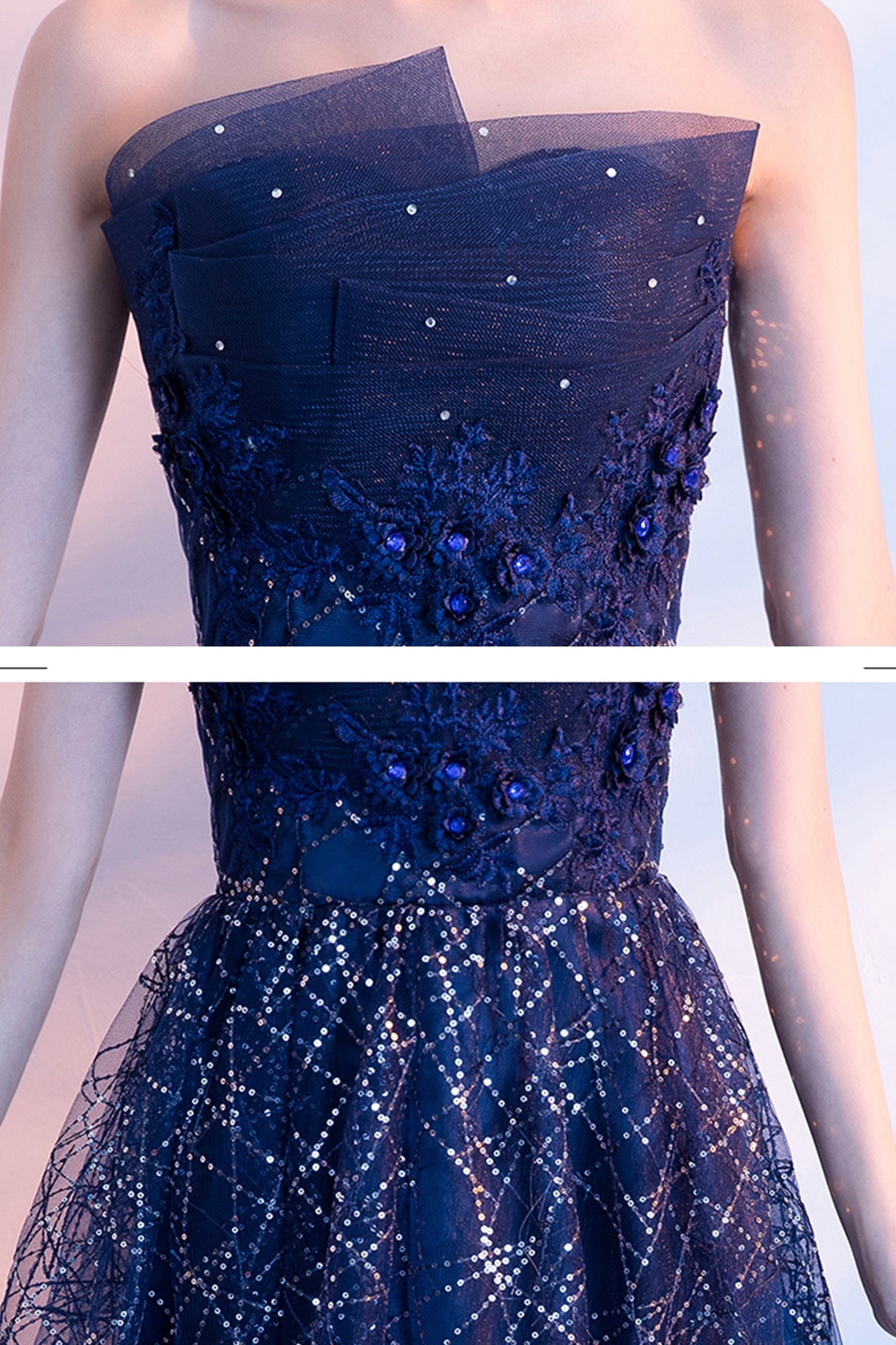 Blue tulle sequins long prom dress A line evening gown  10027