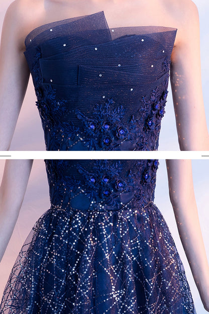 Blue tulle sequins long prom dress A line evening gown  10027