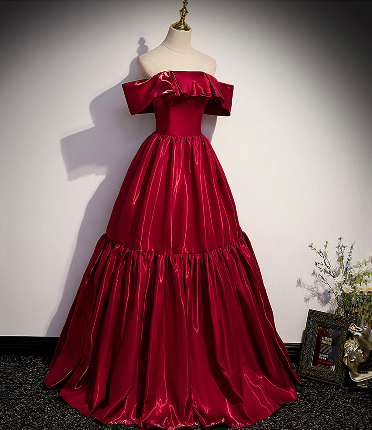 Red satin off shoulder elegant simple long ball gown A-line evening dress 10019