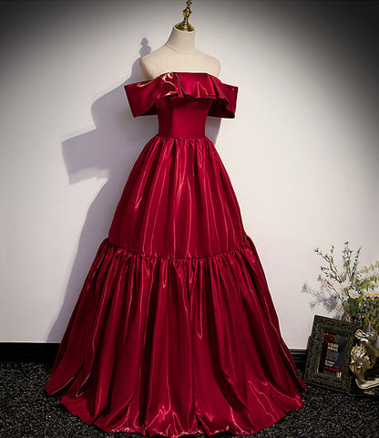 Red satin off shoulder elegant simple long ball gown A-line evening dress 10019