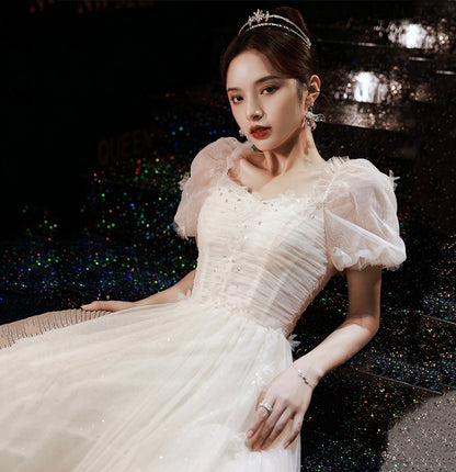 White tulle sequins long prom dress A line evening gown  10035