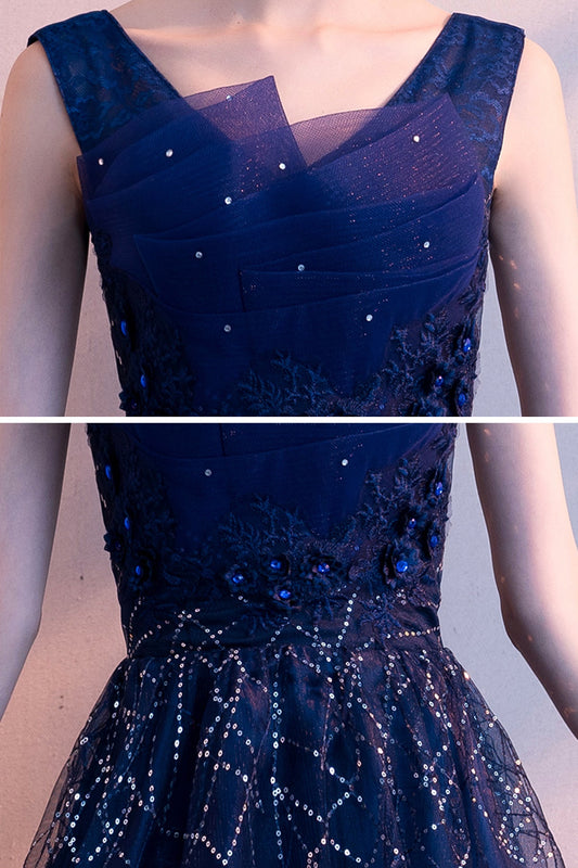 Blue v neck tulle sequins long prom dress blue evening gown  10026