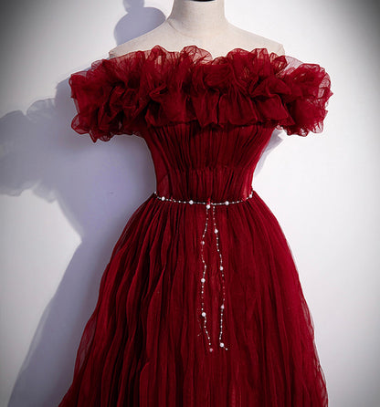 Burgundy tulle long prom dress A line evening gown  10006