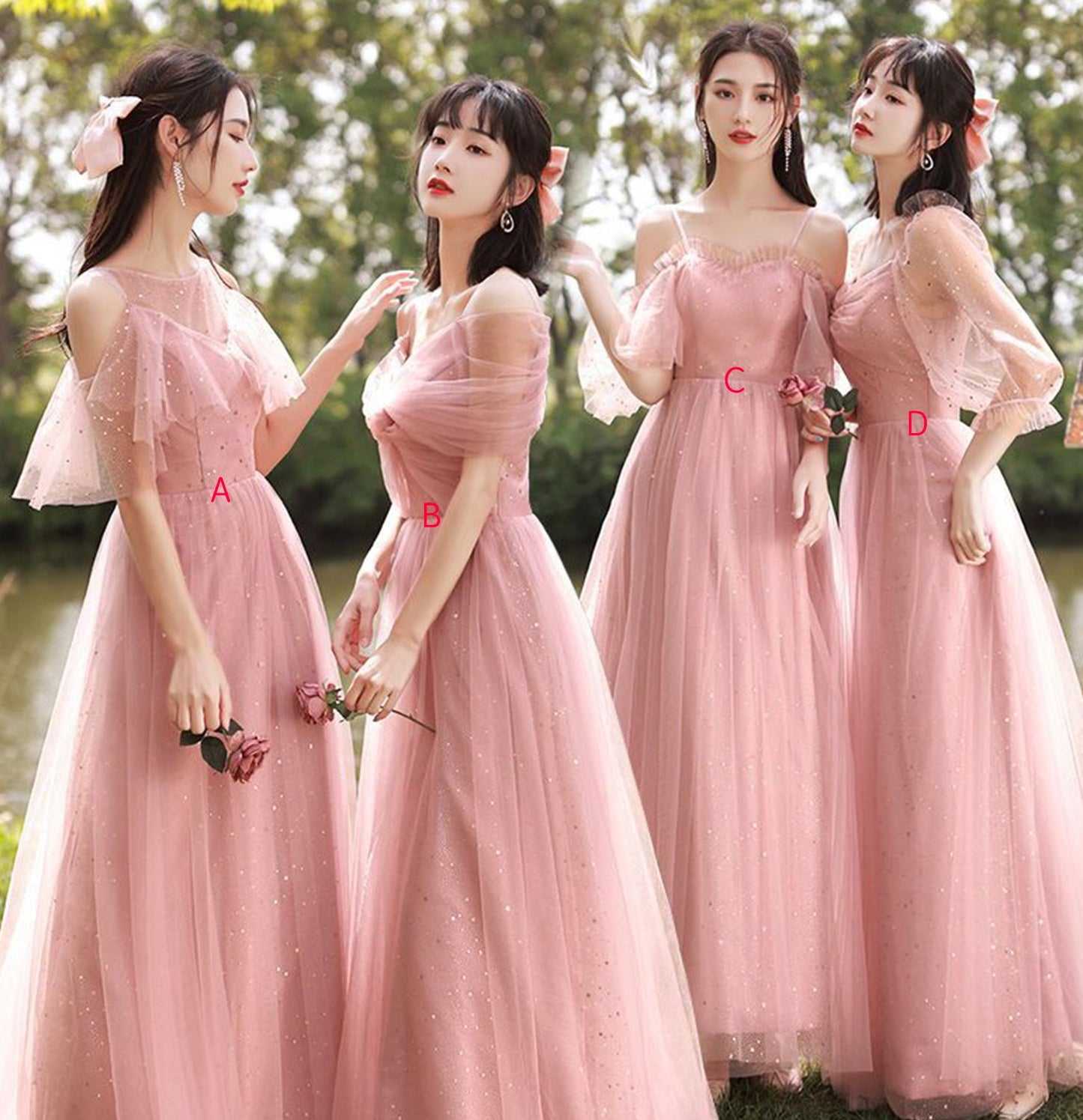 Pink tulle long A line prom dress pink evening dress  10040