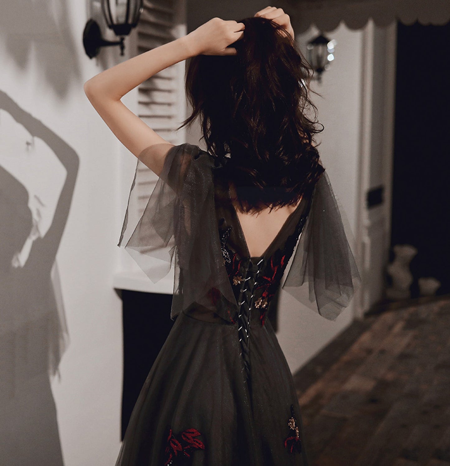 Black v neck tulle sequins long prom dress evening gown  10036