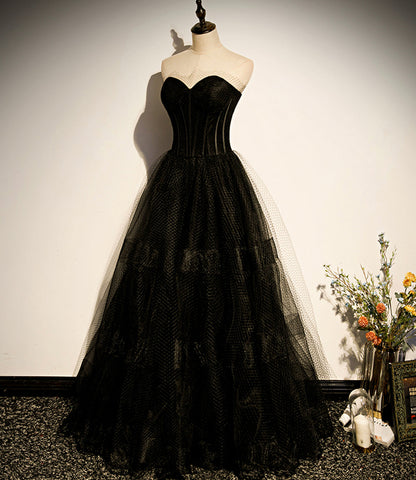 Black tulle long A line prom dress black evening dress  8830