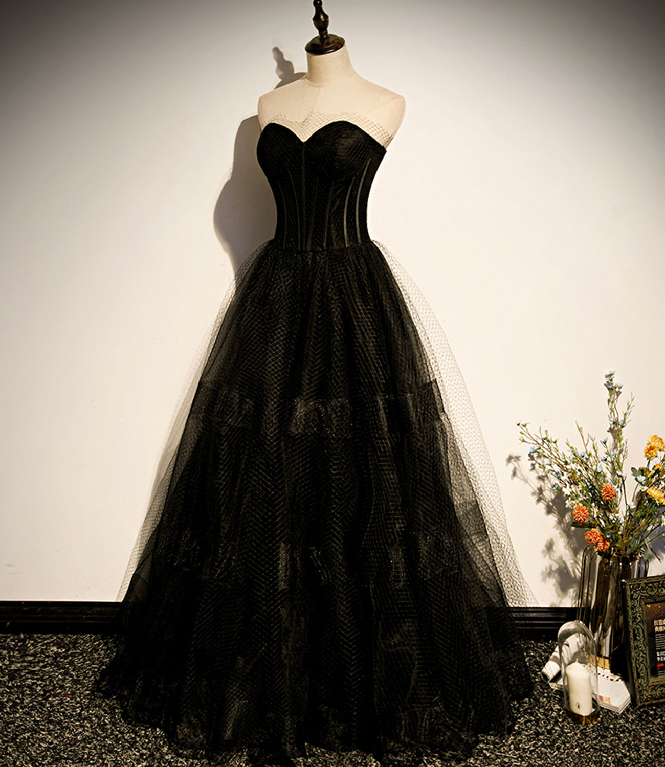 Black tulle long A line prom dress black evening dress  8830