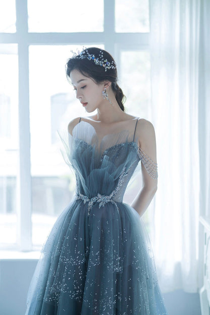 Blue Tulle Beaded Long A-Line Prom Dress, Blue Formal Evening Gown